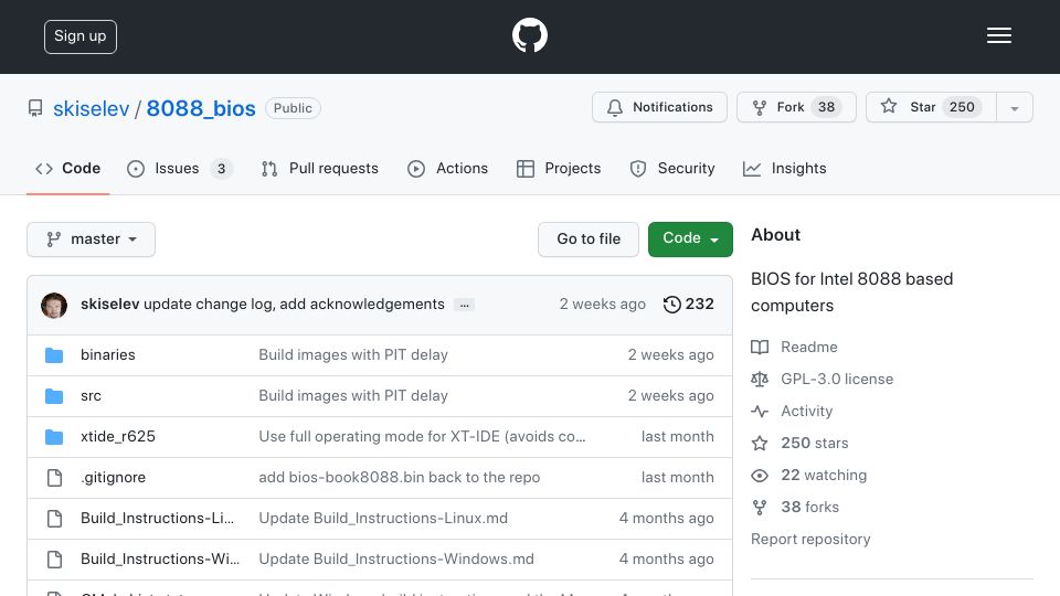 Screenshot of github.com: GPL-3.0 licensed BIOS for Intel 8088 based computers