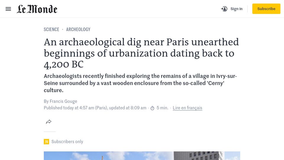 Screenshot of lemonde.fr: Dig near Paris unearths beginnings of urbanization dating back to 4,200 BC