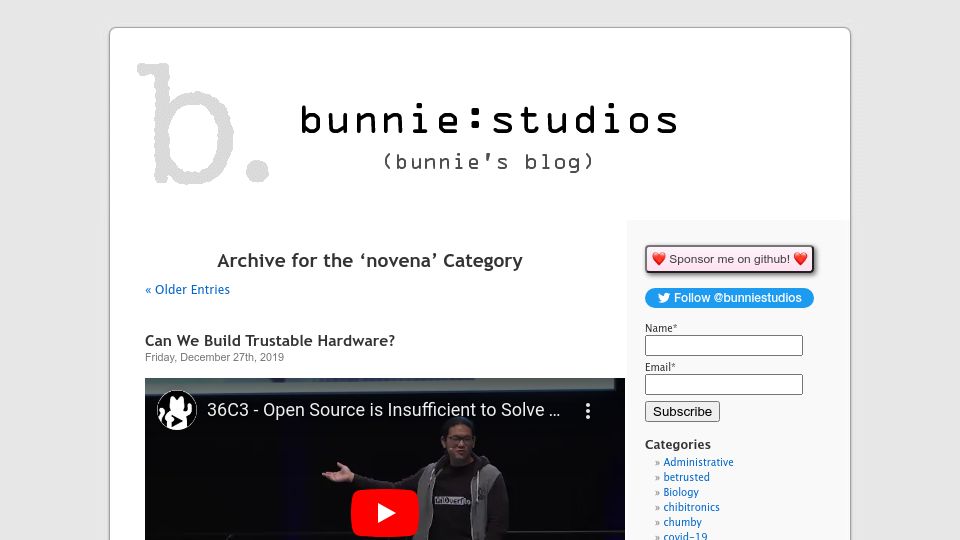 Screenshot of bunniestudios.com: Can we build trustable hardware? (2019)