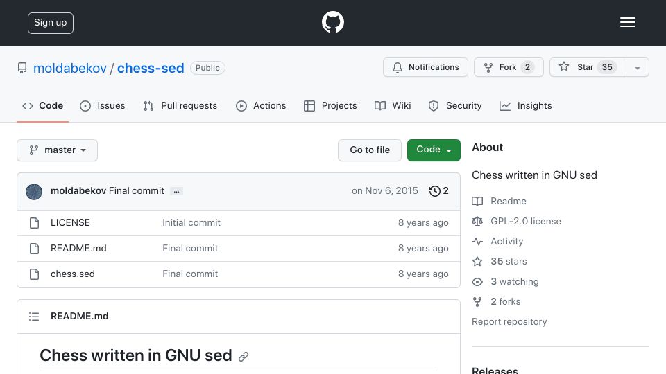 Screenshot of github.com: Chess Written in GNU Sed
