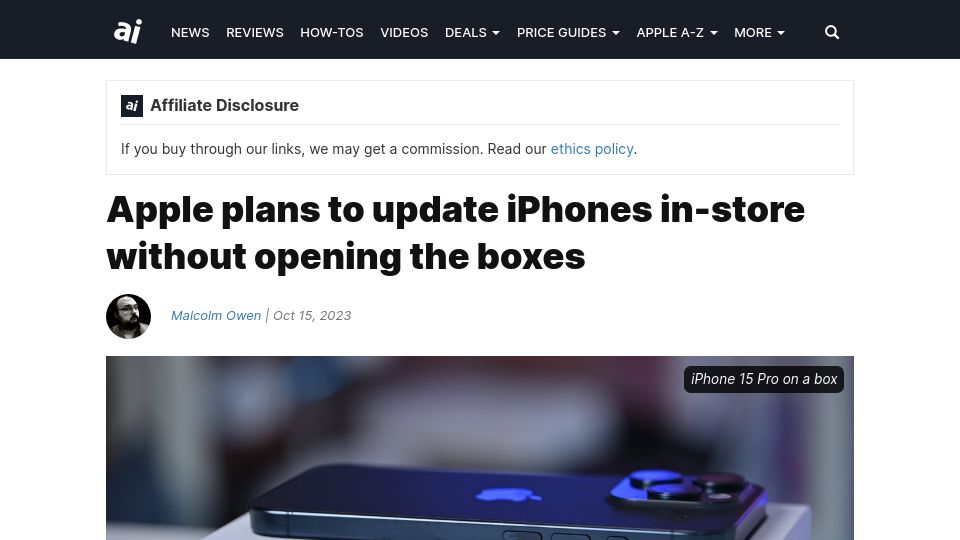 Screenshot of appleinsider.com: Apple plans to update iPhones in-store without opening the boxes