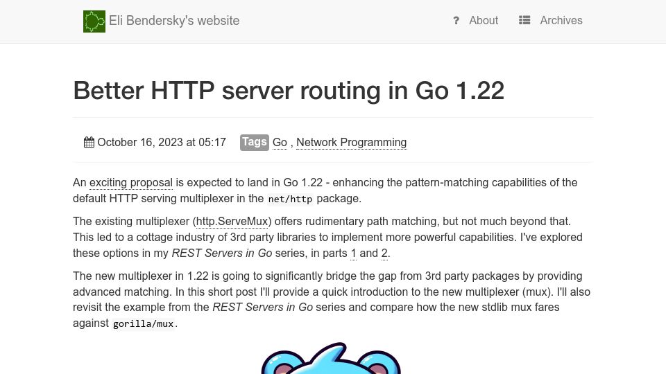 Screenshot of eli.thegreenplace.net: Better HTTP server routing in Go 1.22
