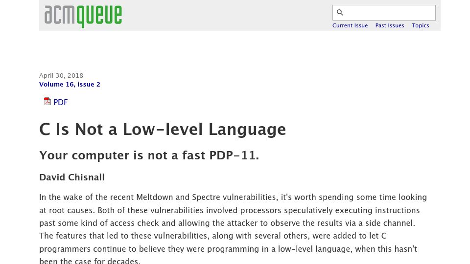 Screenshot of queue.acm.org: C Is Not a Low-level Language (2018)