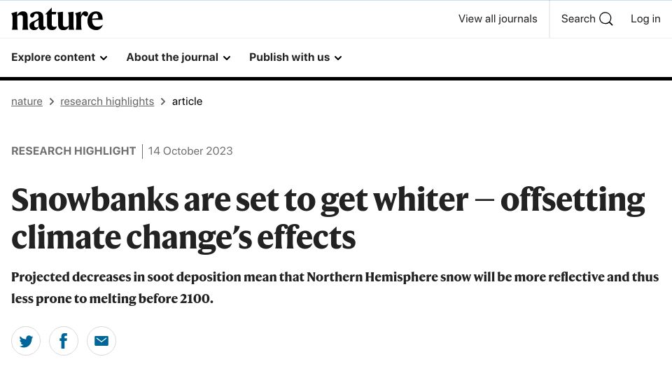 Screenshot of nature.com: Snowbanks are set to get whiter – offsetting climate change's effects