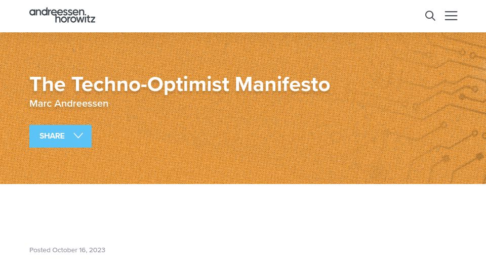 Screenshot of a16z.com: The Techno-Optimist Manifesto