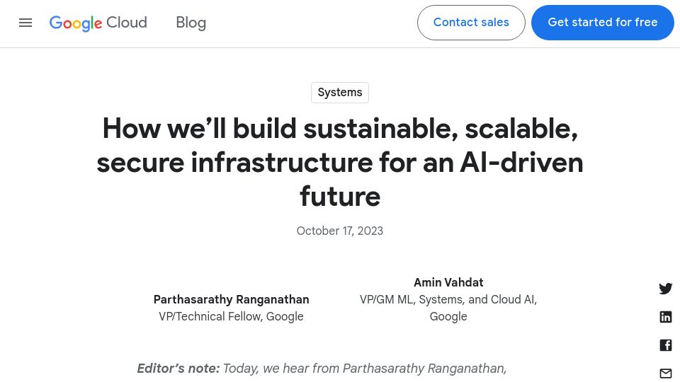 Screenshot of cloud.google.com: How We'll build sustainable, scalable, secure infrastructure for an AI future