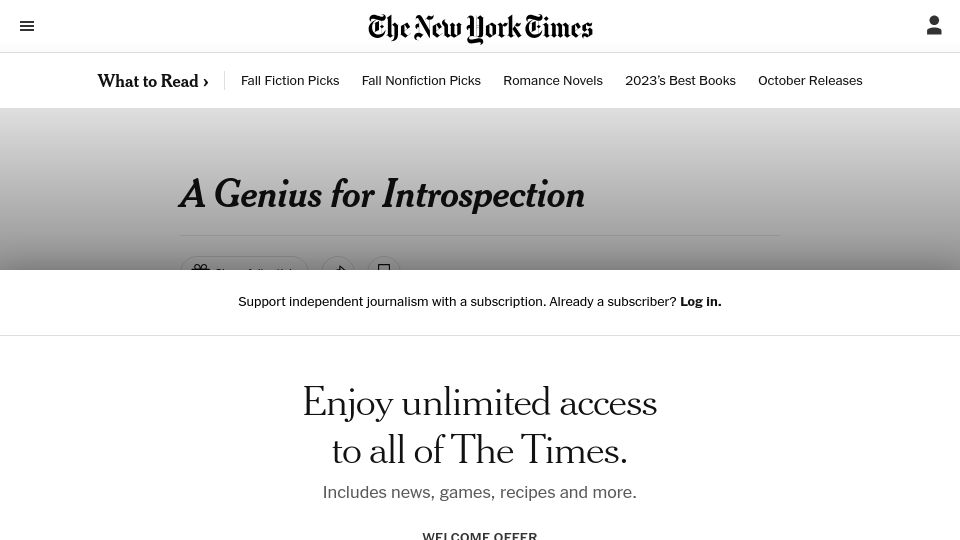 Screenshot of nytimes.com: A Genius for Introspection (1994)