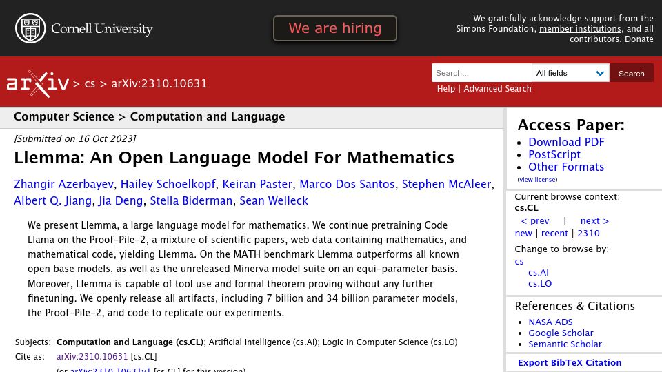 Screenshot of arxiv.org: Llemma: An Open Language Model for Mathematics