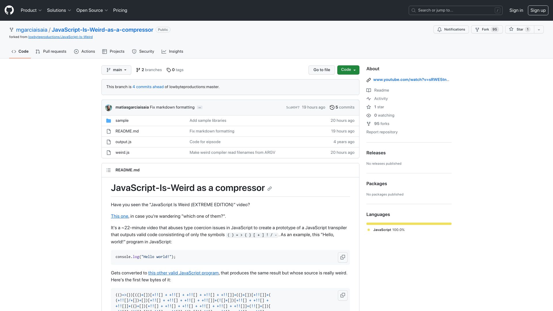 Screenshot of github.com: JavaScript-Is-Weird as a compressor