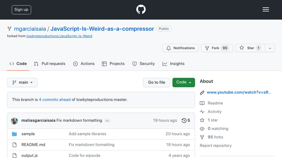 Screenshot of github.com: JavaScript-Is-Weird as a compressor