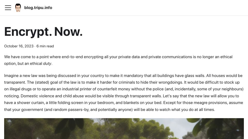 Screenshot of blog.tripu.info: Encrypting private data and private communications is now an ethical duty