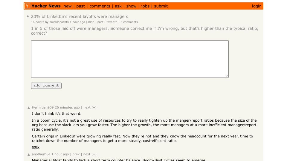 Screenshot of Hacker News post: Ask HN: 20% of LinkedIn's recent layoffs were managers