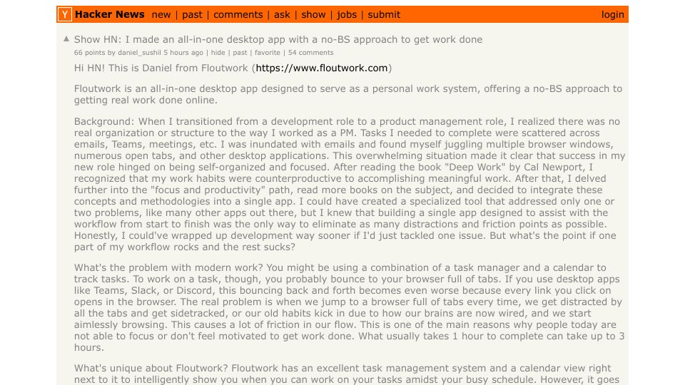 Screenshot of Hacker News post: Show HN: I made an all-in-one desktop app with a no-BS approach to get work done