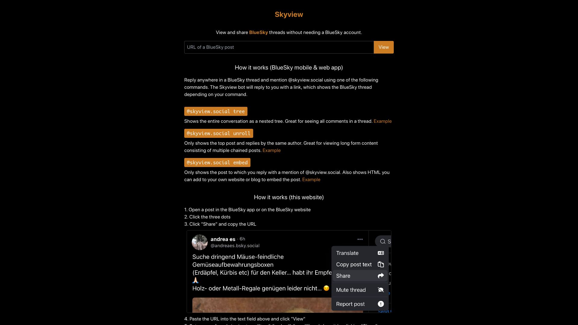 Screenshot of skyview.social: Skyvew – View and share Bluesky threads without needing a Bluesky account