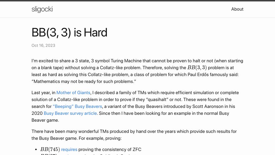 Screenshot of sligocki.com: BB(3, 3) is Hard