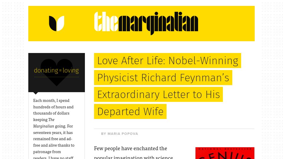Screenshot of themarginalian.org: Love after life: Richard Feynman's letter to his departed wife (2017)