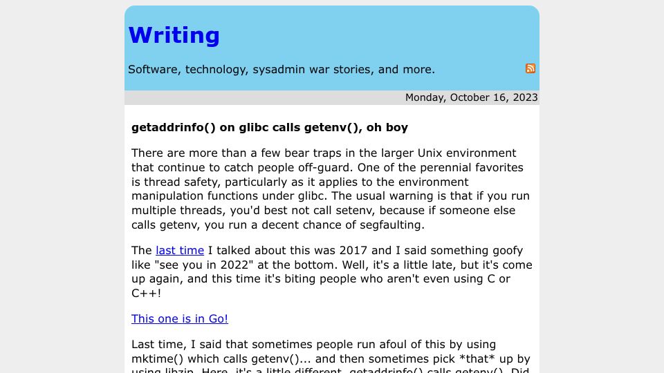 Screenshot of rachelbythebay.com: Getaddrinfo() on glibc calls getenv(), oh boy