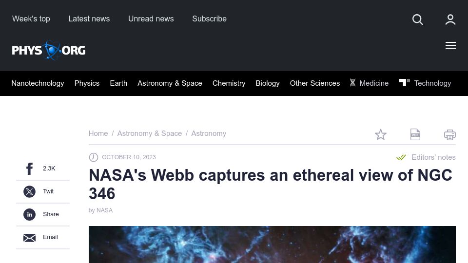 Screenshot of phys.org: NASA's Webb captures an ethereal view of NGC 346