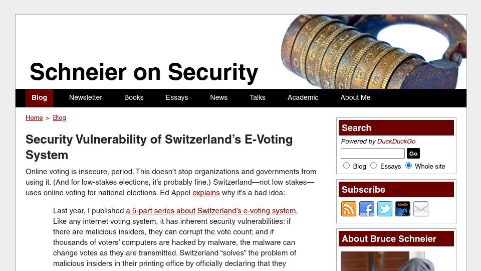 Screenshot of schneier.com: Security Vulnerability of Switzerland's E-Voting System