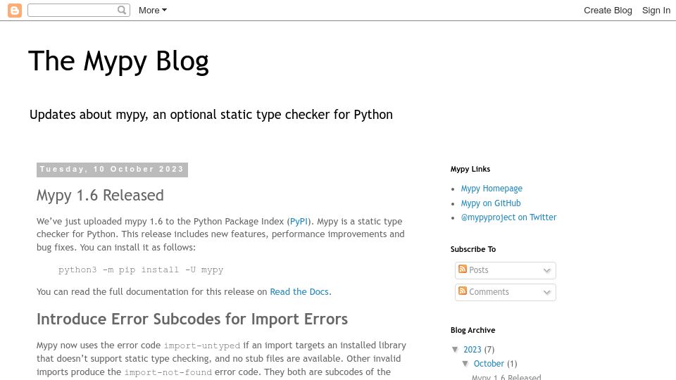 Screenshot of mypy-lang.blogspot.com: Mypy 1.6