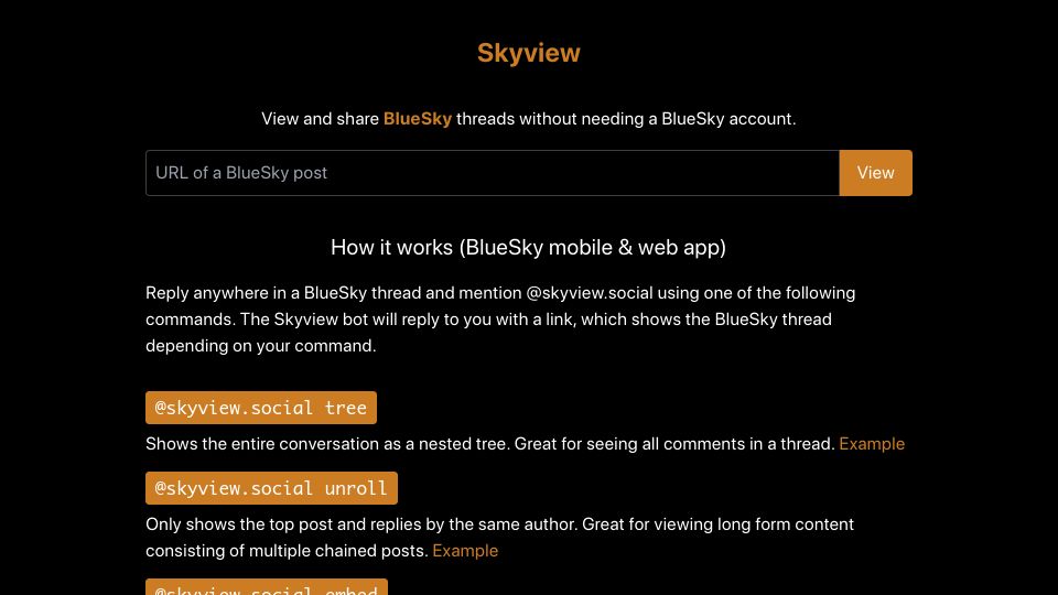 Screenshot of skyview.social: Skyvew – View and share Bluesky threads without needing a Bluesky account