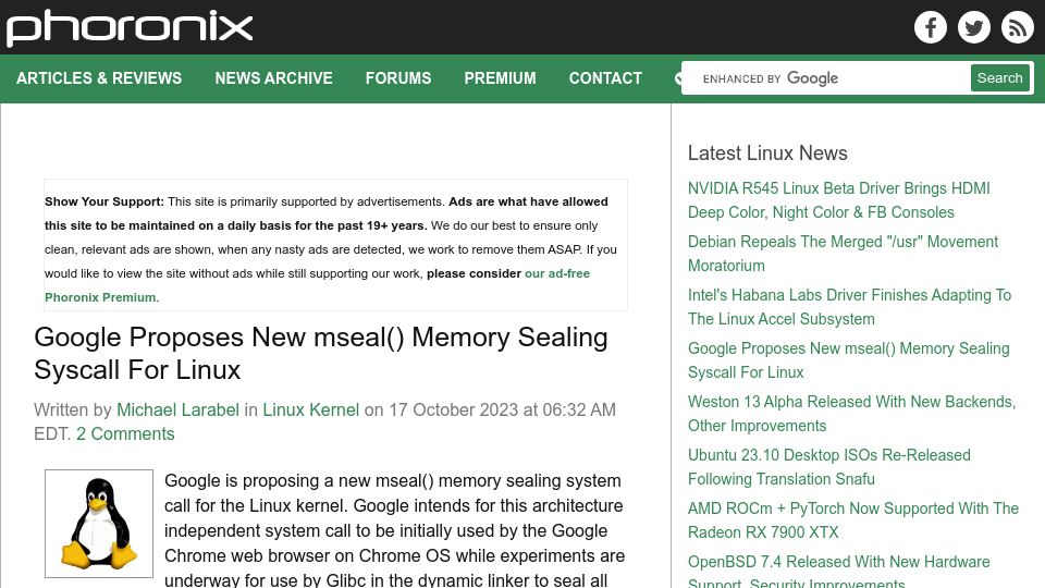 Screenshot of phoronix.com: Google Proposes New Mseal() Memory Sealing Syscall for Linux