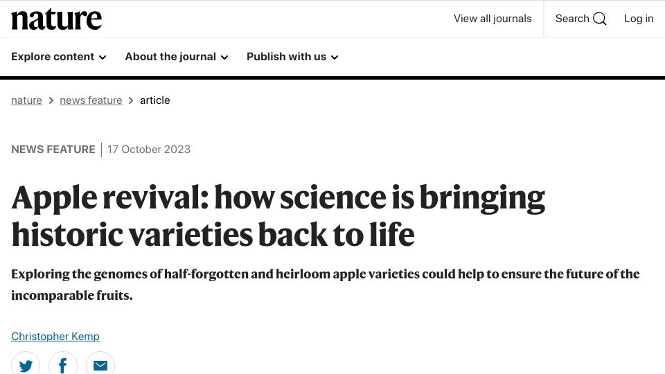 Screenshot of nature.com: Science is bringing historic Apple varieties back to life