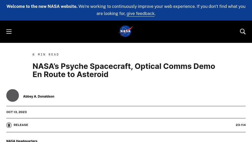 Screenshot of nasa.gov: NASA's Psyche Spacecraft, Optical Comms Demo En Route to Asteroid