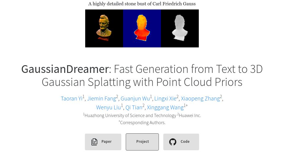 Screenshot of taoranyi.com: GaussianDreamer: Fast Generation from Text to 3D Gaussian Splatting