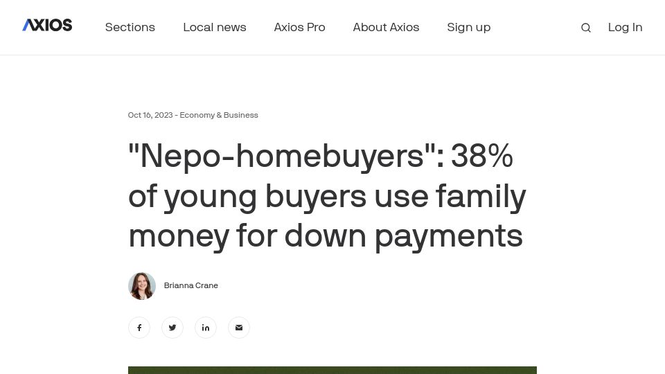 Screenshot of axios.com: "Nepo-homebuyers": 38% of young buyers use family money for down payments