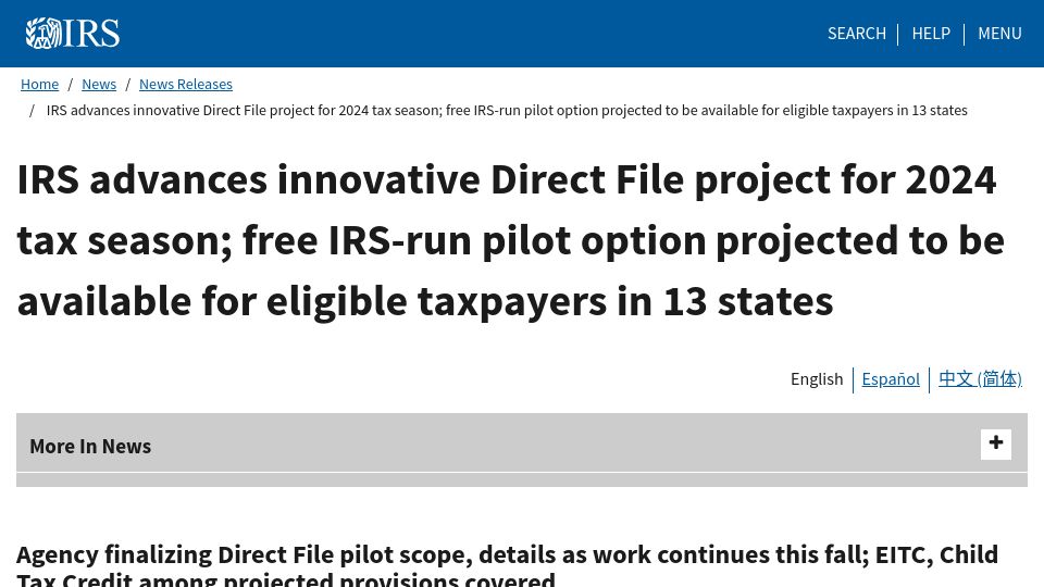 Screenshot of irs.gov: Free IRS-run tax filing pilot to be available in 13 states