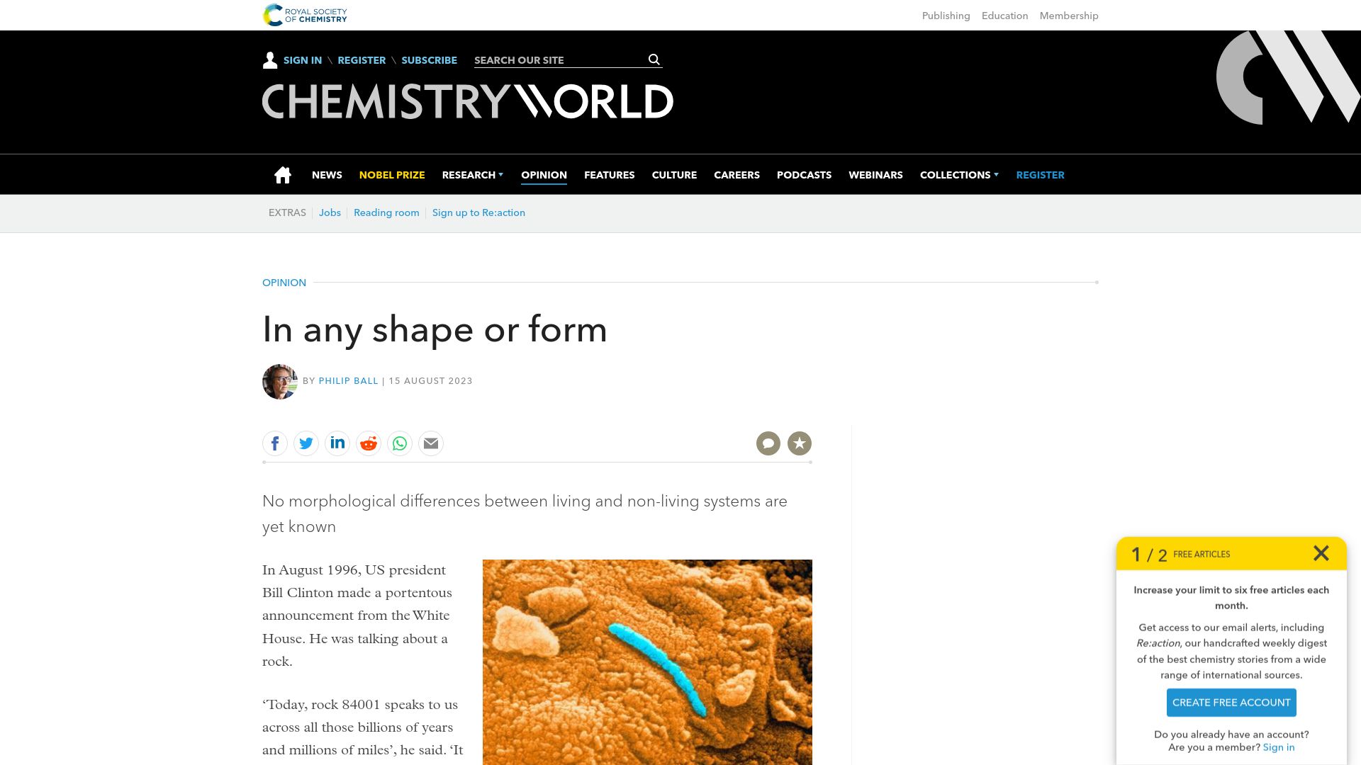 Screenshot of chemistryworld.com: No morphological differences between living and non-living systems are yet known