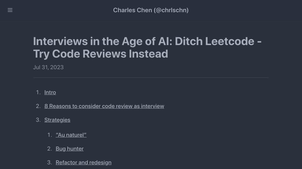 Screenshot of chrlschn.dev: Interviews in the Age of AI: Ditch Leetcode – Try Code Reviews Instead