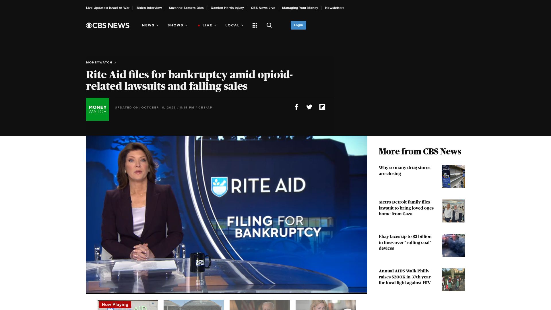 Screenshot of cbsnews.com: Rite Aid Files for Bankruptcy