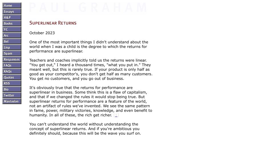 Screenshot of paulgraham.com: Superlinear Returns
