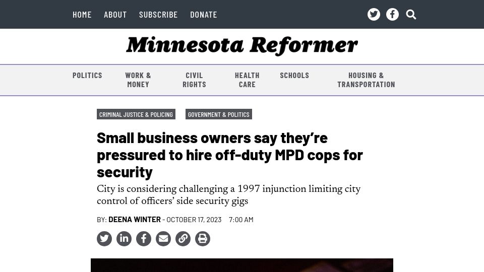 Screenshot of minnesotareformer.com: Small business owners say they're pressured to hire off-duty cops for security