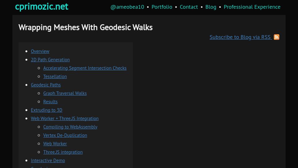 Screenshot of cprimozic.net: Wrapping Meshes with Geodesic Walks