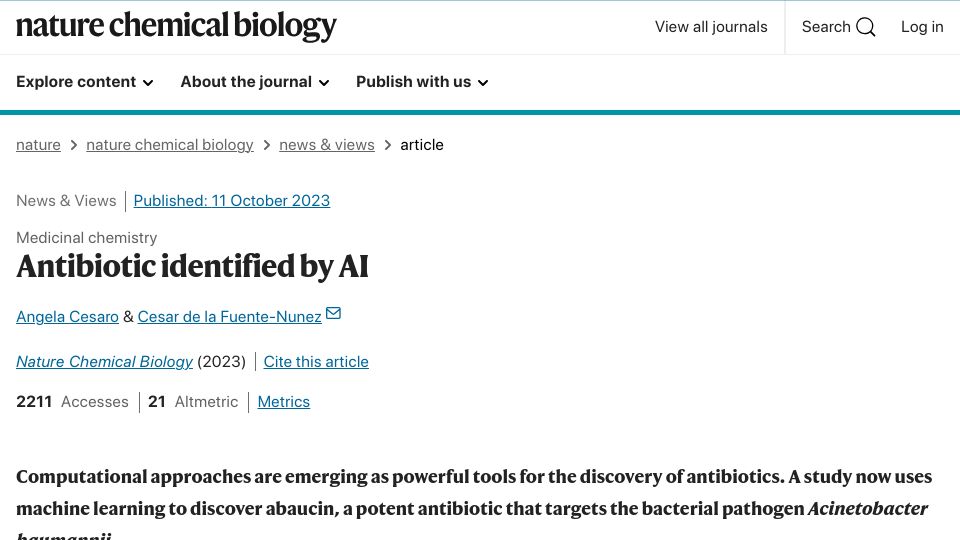 Screenshot of nature.com: Antibiotic Identified by AI
