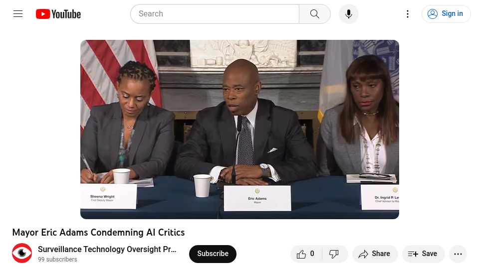 Screenshot of youtube.com: NYC Mayor Eric Adams Condemning AI Critics [video]