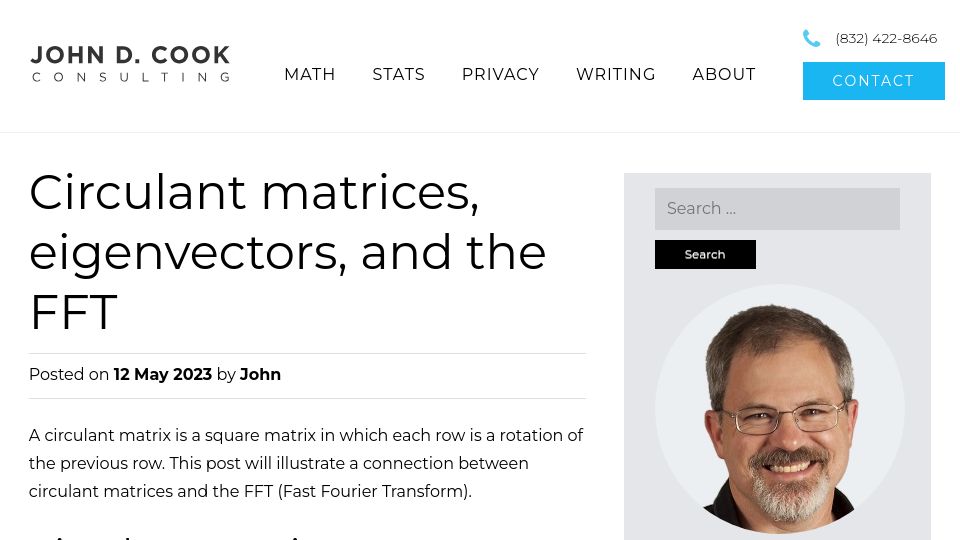 Screenshot of johndcook.com: Circulant Matrices, Eigenvectors, and the FFT