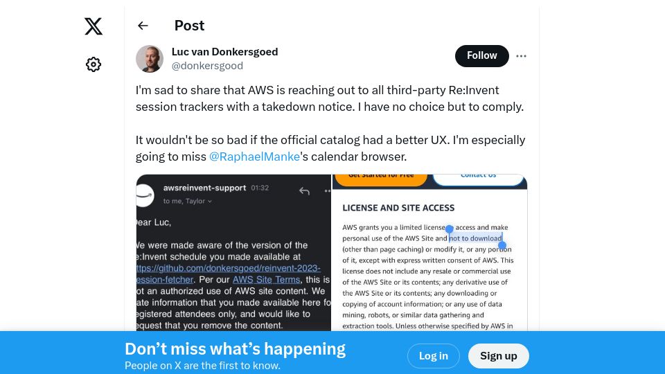 Screenshot of twitter.com: AWS takedown notice to third-party Re:Invent session trackers