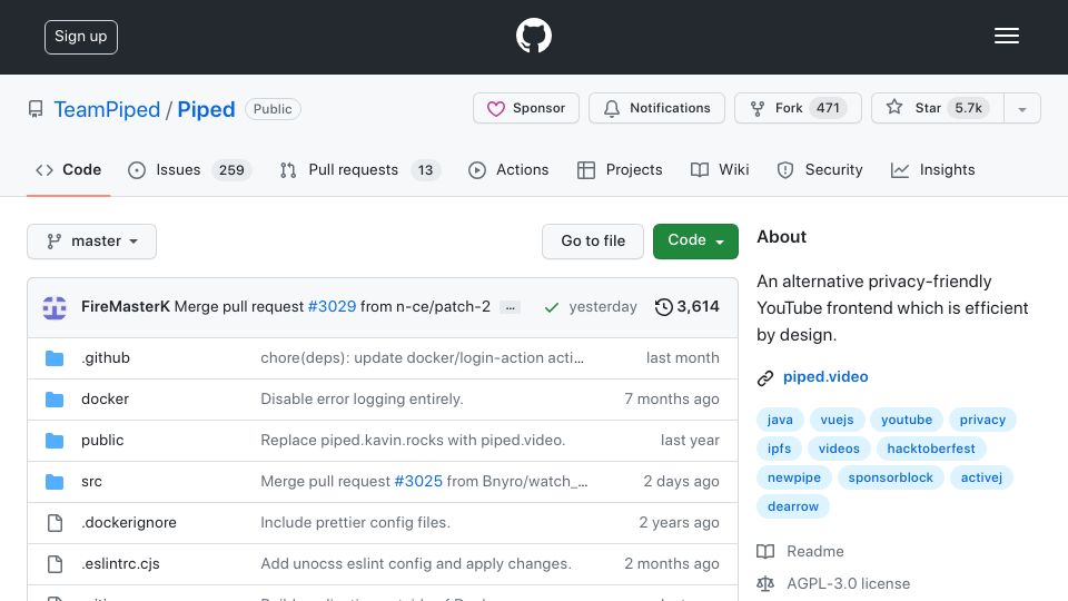 Screenshot of github.com: Piped – An alternative privacy-friendly YouTube front end