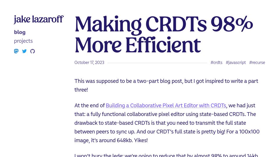 Screenshot of jakelazaroff.com: Making CRDTs More Efficient