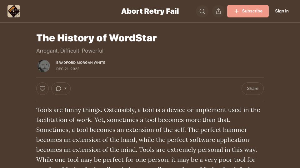 Screenshot of abortretry.fail: WordStar: Arrogant, Difficult, Powerful (2022)