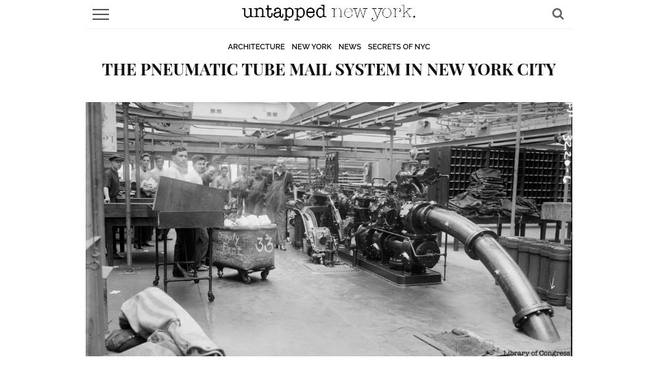 Screenshot of untappedcities.com: The pneumatic tube mail system in New York City