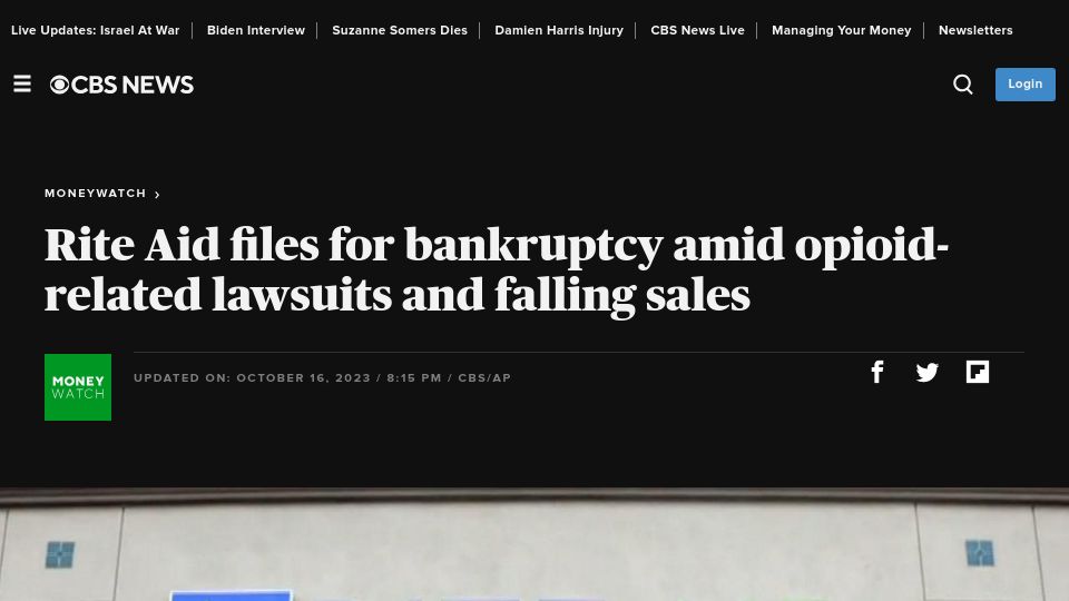 Screenshot of cbsnews.com: Rite Aid Files for Bankruptcy