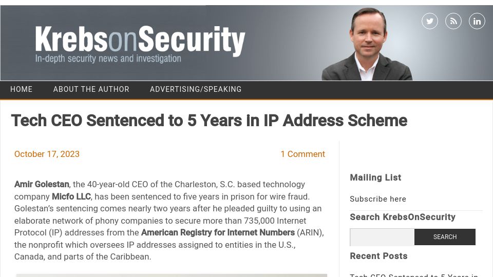 Screenshot of krebsonsecurity.com: Tech CEO sentenced to 5 years in IP address scheme