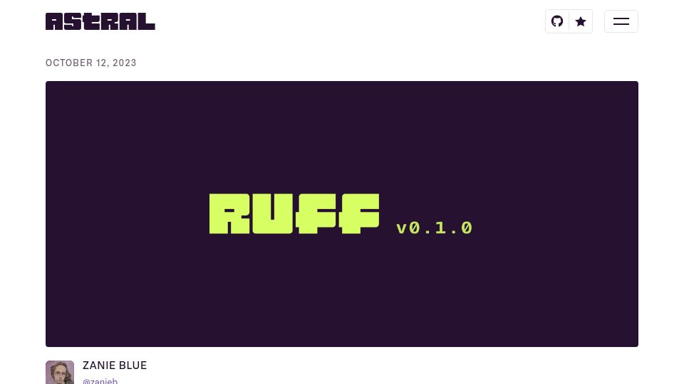 Screenshot of astral.sh: Ruff v0.1.0