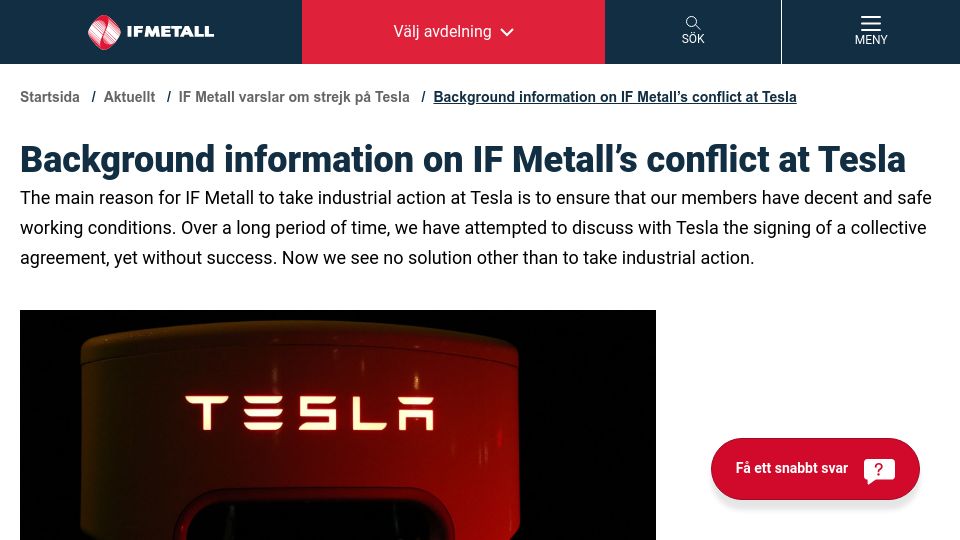 Screenshot of ifmetall.se: Swedish union declares strike for Tesla employees