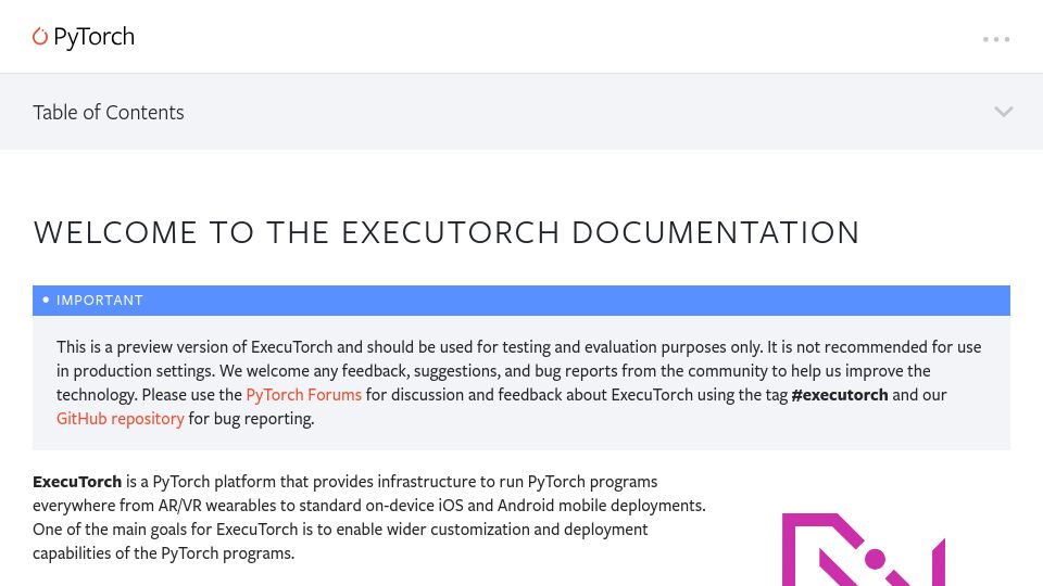 Screenshot of pytorch.org: ExecuTorch: Run PyTorch programs on mobile and edge devices